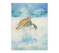 Artery8 Sea Turtle Surf Watercolour Painting Surfing Over Foam Waves Bright Seascape Extra Large XL Wall Art Poster Print