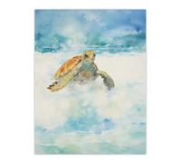 Artery8 Sea Turtle Surf Watercolour Painting Surfing Over Foam Waves Bright Seascape Unframed Wall Art Print Poster Home Decor Premium Artery8 Multicolor W12" x H16"