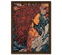 Artery8 Sea Water Nymph Modern Art Nouveau Linocut Artwork Framed A3 Wall Art Print