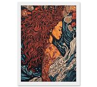 Artery8 Sea Water Nymph Modern Art Nouveau Linocut Artwork Framed A3 Wall Art Print