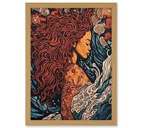 Artery8 Sea Water Nymph Modern Art Nouveau Linocut Artwork Framed A3 Wall Art Print