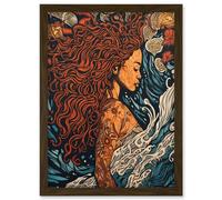 Artery8 Sea Water Nymph Modern Art Nouveau Linocut Artwork Framed Wall Art Print A4