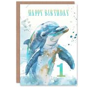 Artery8 Sea Watercolour Dolphin 1st One Age 1 Year Old For Child Kids Birthday Card