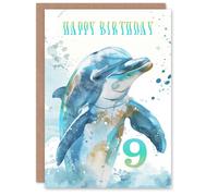 Artery8 Sea Watercolour Dolphin 9th Nine Age 9 Year Old For Child Kids Birthday Card