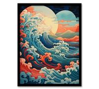 Artery8 Sea Waves Sunset Seascape Painting Pink Red Blue Great Wave Off Kanagawa Stylised Depiction Artwork Framed Wall Art Print 18X24 Inch