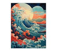 Artery8 Sea Waves Sunset Seascape Painting Pink Red Blue Great Wave Off Kanagawa Stylised Depiction Large Wall Art Poster Print Thick Paper 18X24 Inch