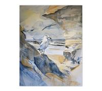 Seagull Aldeburgh Beach Suffolk Watercolour Coast Wall Art Print Artery8 Beige W24 inch x H32 inch
