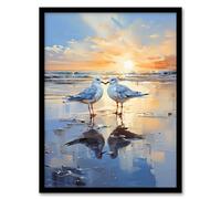 Artery8 Seagull Bird Couple Beach Sunset Oil Painting Coastal Landscape Artwork Artwork Framed Wall Art Print A4