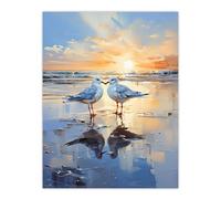 Artery8 Seagull Bird Couple Beach Sunset Oil Painting Coastal Landscape Artwork Unframed Wall Art Print Poster Home Decor Premium