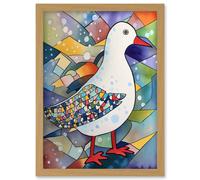 Seagull Bird And Snowflakes Folk Art Artwork Framed Wall Art Print A4 Artery8 Light Oak One Size