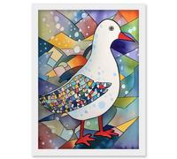Seagull Bird And Snowflakes Folk Art Artwork Framed Wall Art Print A4 Artery8 White One Size