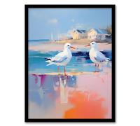 Artery8 Seagull Birds Oil Painting Pastel Colour Pink Blue Orange Coastal Landscape Bathroom Artwork Framed Wall Art Print 18X24 Inch