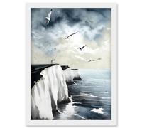 Artery8 Seagulls Flying Over the White Cliffs of Dover in England Modern Linocut Print Artwork Framed Wall Art Print A4