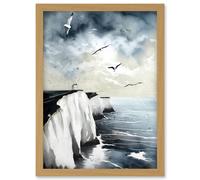 Artery8 Seagulls Flying Over the White Cliffs of Dover in England Modern Linocut Print Artwork Framed Wall Art Print A4
