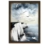 Seagulls Flying Over the White Cliffs of Dover in England Modern Linocut Print Artwork Framed Wall Art Print A4 Artery8 Brown One Size