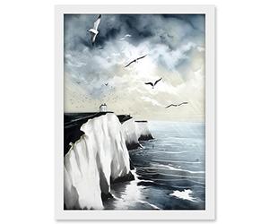 Artery8 Seagulls Flying Over the White Cliffs of Dover in England Modern Linocut Print Artwork Framed A3 Wall Art Print