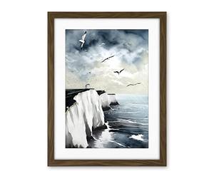 Artery8 Seagulls Flying Over the White Cliffs of Dover in England Modern Linocut Print Artwork Framed Wall Art Print 18X24 Inch