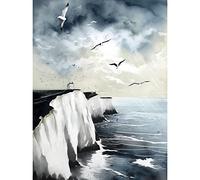 Artery8 Seagulls Flying Over the White Cliffs of Dover in England Modern Linocut Print Unframed Wall Art Print Poster Home Decor Premium