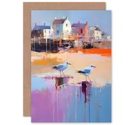 Artery8 Seagulls on Beach Coastal Village Landscape for Him or Her Man Woman Birthday Thank You Congratulations Blank Art Greeting Card