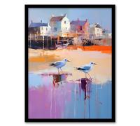 Artery8 Seagulls on Beach Sand Oil Painting Blue Orange Purple Coastal Village Landscape Artwork Framed Wall Art Print 18X24 Inch