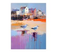Artery8 Seagulls on Beach Sand Oil Painting Blue Orange Purple Coastal Village Landscape Unframed Wall Art Print Poster Home Decor Premium