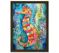 Artery8 Seahorse In Aquatic Plants Folk Art Artwork Framed A3 Wall Art Print
