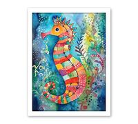Artery8 Seahorse In Aquatic Plants Folk Art Artwork Framed Wall Art Print 18X24 Inch