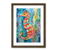 Artery8 Seahorse In Aquatic Plants Folk Art Artwork Framed Wall Art Print 18X24 Inch