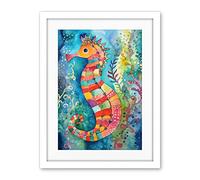 Artery8 Seahorse In Aquatic Plants Folk Art Artwork Framed Wall Art Print 18X24 Inch