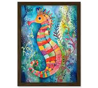 Artery8 Seahorse In Aquatic Plants Folk Art Artwork Framed Wall Art Print A4