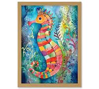 Artery8 Seahorse In Aquatic Plants Folk Art Artwork Framed Wall Art Print A4
