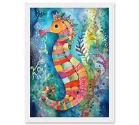 Artery8 Seahorse In Aquatic Plants Folk Art Artwork Framed Wall Art Print A4