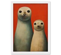 Artery8 Seal Pups Portrait White Cream On Red Crimson Coral Detailed Oil Painting Artwork Framed Wall Art Print A4
