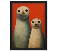Artery8 Seal Pups Portrait White Cream On Red Crimson Coral Detailed Oil Painting Artwork Framed Wall Art Print A4