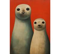 Artery8 Seal Pups Portrait White Cream On Red Crimson Coral Detailed Oil Painting Large Wall Art Poster Print Thick Paper 18X24 Inch