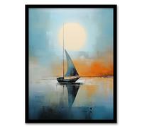 Artery8 Seascape Modern Abstract Sailboat Boat Artwork Calm Elegant Blue On Orange Artwork Framed Wall Art Print A4