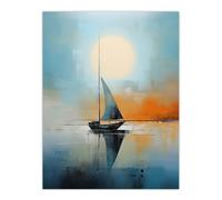 Artery8 Seascape Modern Abstract Sailboat Boat Artwork Calm Elegant Blue On Orange Unframed Wall Art Print Poster Home Decor Premium Artery8 Multicolor W12" x H16"