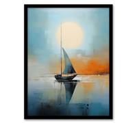 Wall Art Print Seascape Modern Abstract Sailboat Boat Artwork Calm Elegant Blue On Orange Art Framed Artery8 Black A4