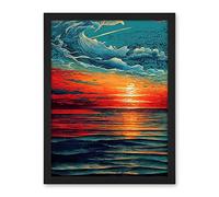 Artery8 Seascape Scarlet Sunrise Fiery Horizon Clouds Artwork Framed Wall Art Print 18X24 Inch