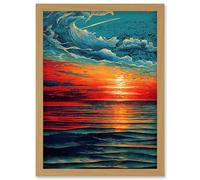 Artery8 Seascape Scarlet Sunrise Fiery Horizon Clouds Artwork Framed Wall Art Print A4