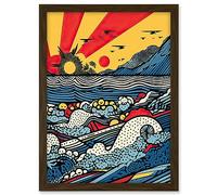 Artery8 Seascape Sunset Comic Book Style Geometric Pattern Waves Polka Dot Halftone Artwork Framed A3 Wall Art Print