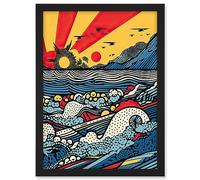 Artery8 Seascape Sunset Comic Book Style Geometric Pattern Waves Polka Dot Halftone Artwork Framed A3 Wall Art Print