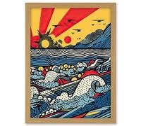 Artery8 Seascape Sunset Comic Book Style Geometric Pattern Waves Polka Dot Halftone Artwork Framed A3 Wall Art Print