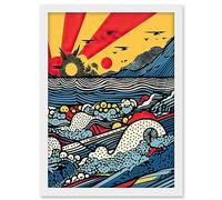 Artery8 Seascape Sunset Comic Book Style Geometric Pattern Waves Polka Dot Halftone Artwork Framed A3 Wall Art Print