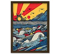 Artery8 Seascape Sunset Comic Book Style Geometric Pattern Waves Polka Dot Halftone Artwork Framed Wall Art Print A4