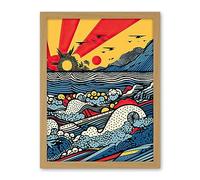 Artery8 Seascape Sunset Comic Book Style Geometric Pattern Waves Polka Dot Halftone Artwork Framed Wall Art Print 18X24 Inch