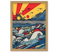 Artery8 Seascape Sunset Comic Book Style Geometric Pattern Waves Polka Dot Halftone Artwork Framed Wall Art Print A4
