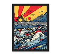 Artery8 Seascape Sunset Comic Book Style Geometric Pattern Waves Polka Dot Halftone Artwork Framed Wall Art Print 18X24 Inch