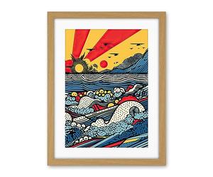 Artery8 Seascape Sunset Comic Book Style Geometric Pattern Waves Polka Dot Halftone Artwork Framed Wall Art Print 18X24 Inch