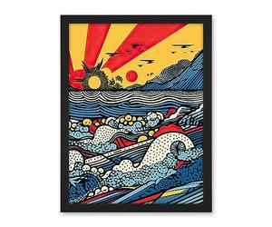 Artery8 Seascape Sunset Comic Book Style Geometric Pattern Waves Polka Dot Halftone Artwork Framed Wall Art Print 18X24 Inch